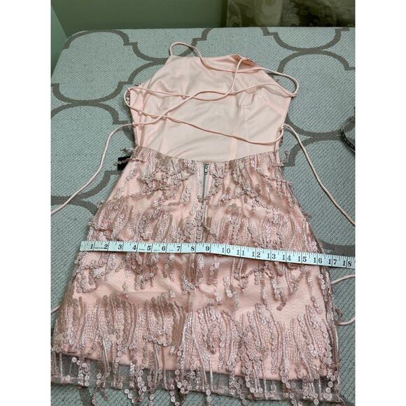 Lulus Making Magic Blush Pink Fringe Lace-Up Mini Dress, size XS - Picture 12 of 16